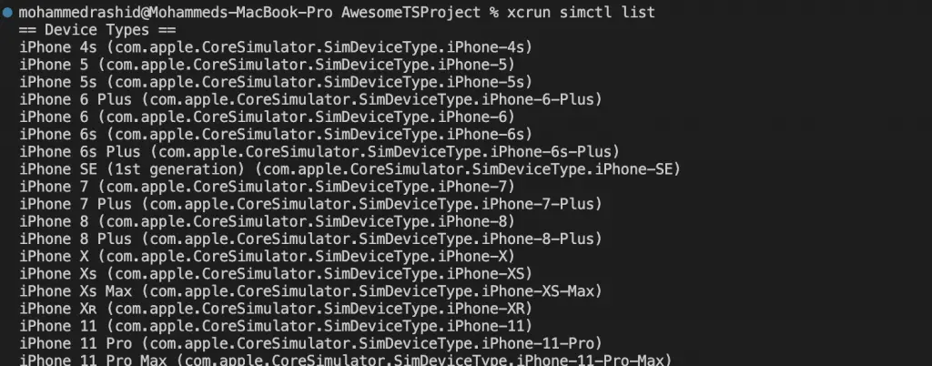 command to list iphone simulators