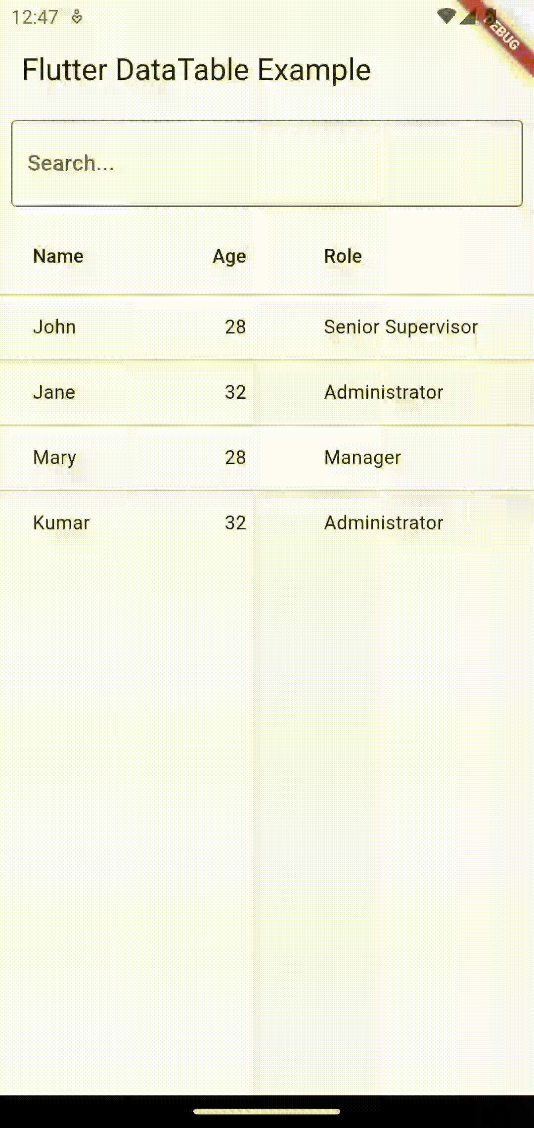 flutter datatable search